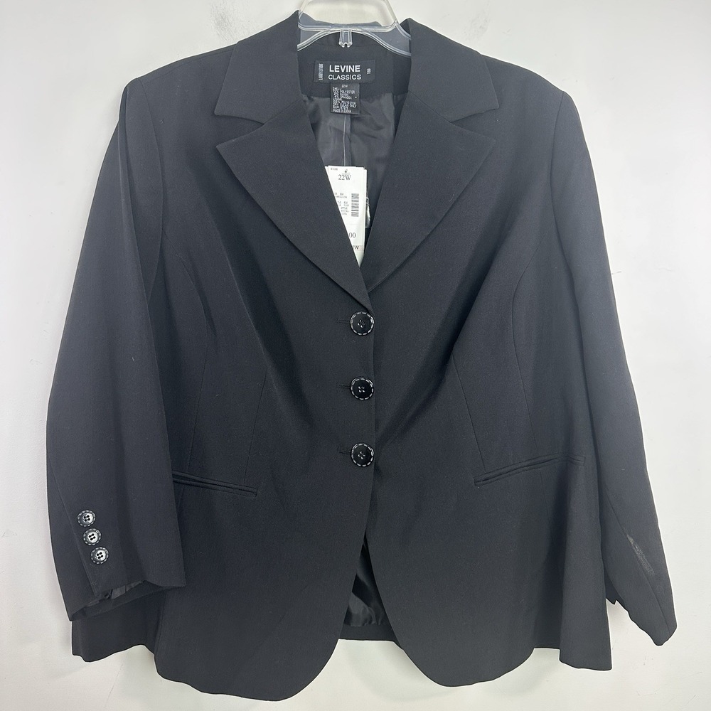 Levine Classics Blazer Jacket Womens 22W‎ Black Three Button Pockets Stretch NEW